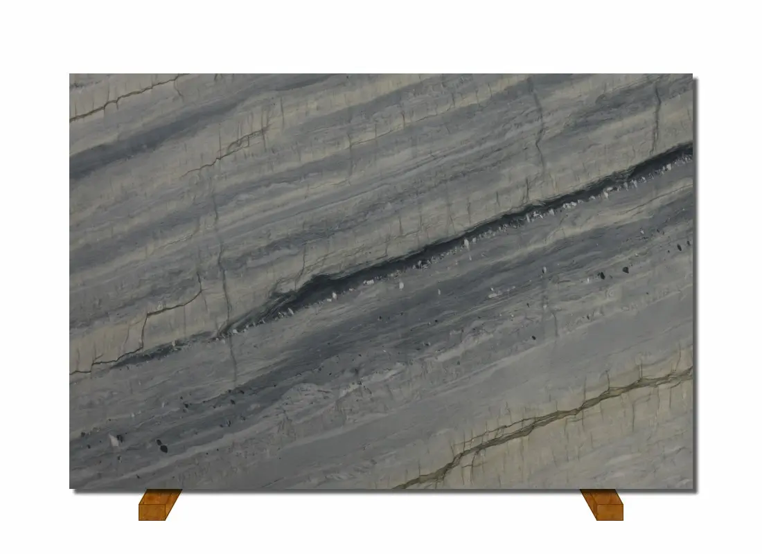 Ocean Blue quartzite slab on the easel